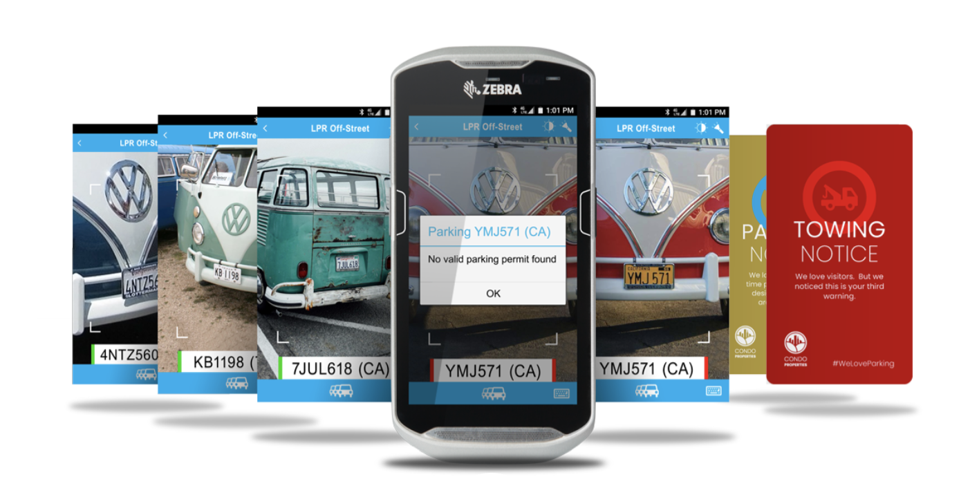 Zebra mobile device with an example of the Politess Scan function with the result "no valid parking permit found." Next to it are various images of cars with the license plate displayed.