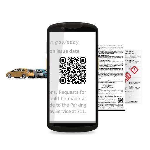Mobile screen section with QR code for payment. Next to it, a ticket and receipt example with cars in the background.
