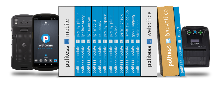Line-up of all Politess modules in the form of book spines as well as Zebra handhelds and mobile printers